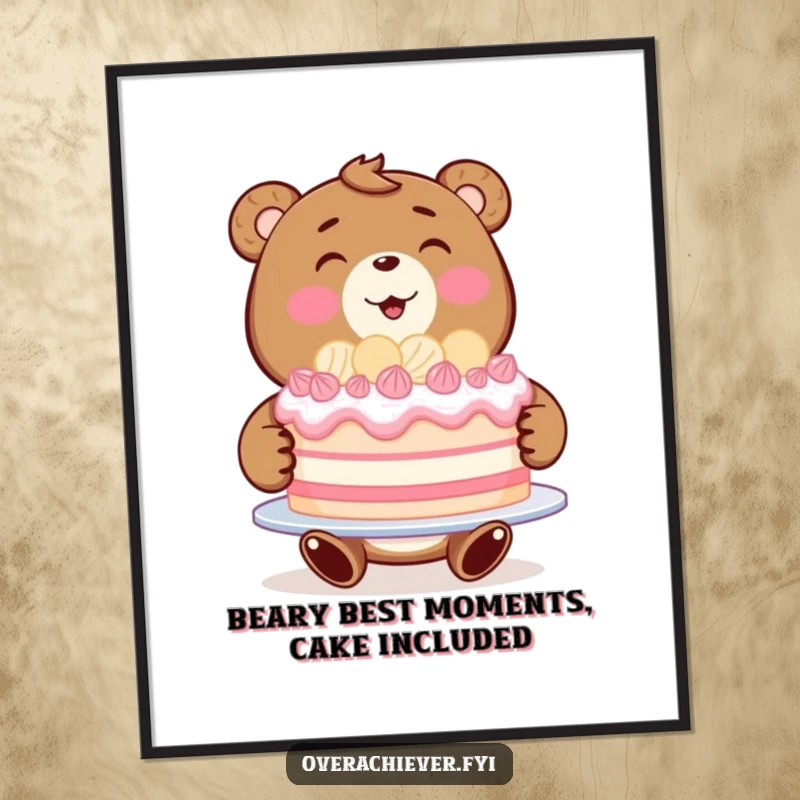 Funny Free Printable Bear Cake Wall Art: A joyful bear beaming while presenting a magnificently perfect large cake, ready to share.