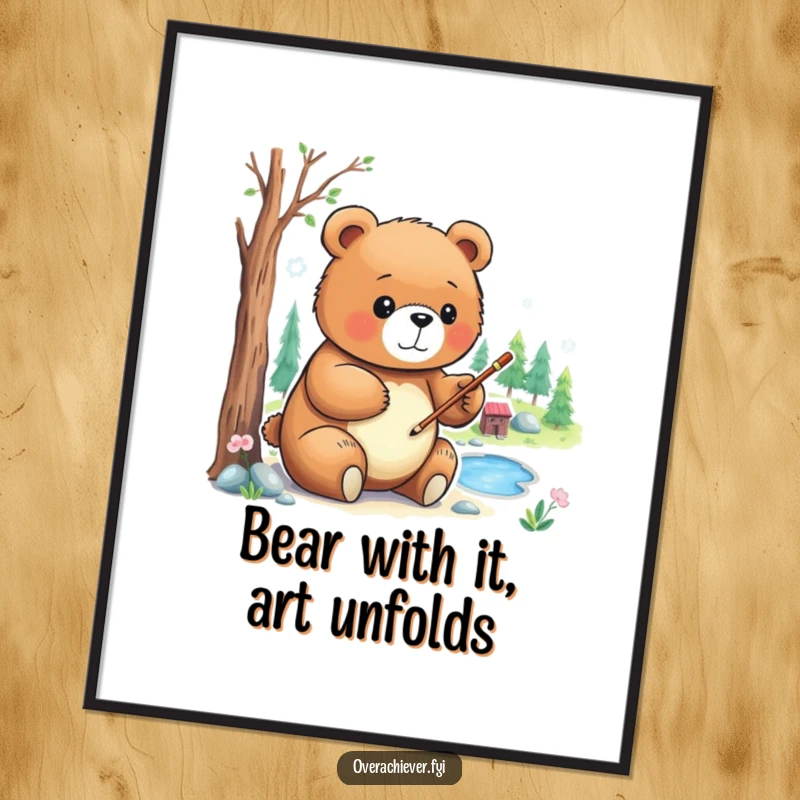 Funny Free Printable Wall Art: A focused bear carefully creating a detailed miniature landscape painting, showcasing artistic talent.