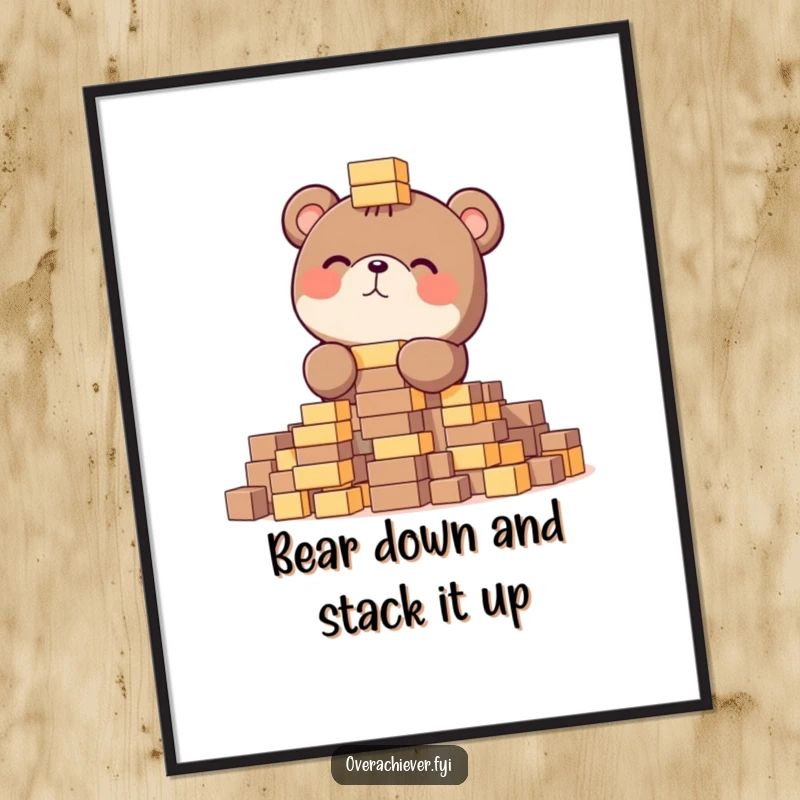 Funny Free Printable Wall Art: A focused bear character is gleefully stacking an enormous number of tiny blocks.