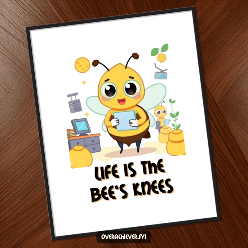 Funny Free Printable Wall Art: A busy bee character is shown managing a hive with multiple managers and tasks.