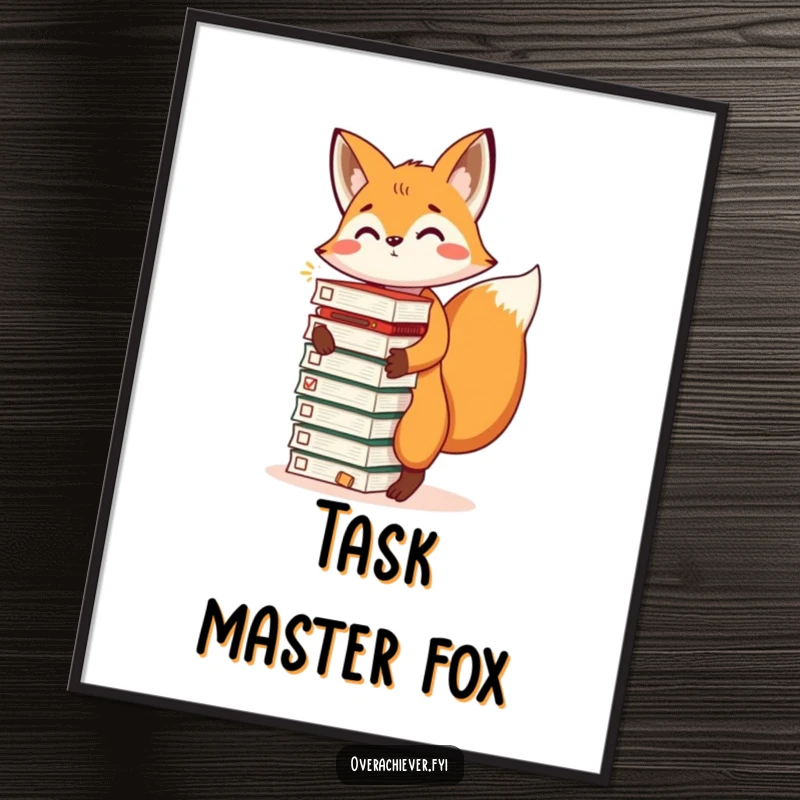 Funny Free Printable Wall Art of an energetic fox expertly balancing a formidable stack of completed task lists.