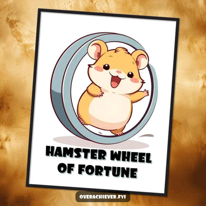 Funny Free Printable Wall Art: A cheerful hamster racing in an oversized wheel at maximum speed, full of excitement.