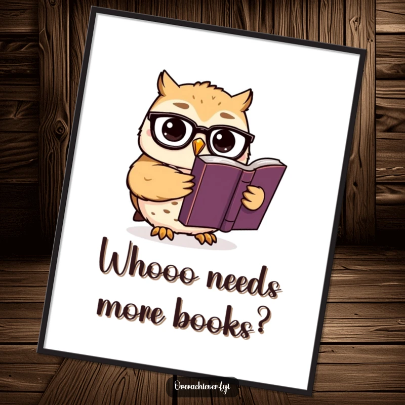 Funny Free Printable Wall Art: A cute owl wearing spectacles reads a thick, important-looking book, perfect for study rooms.