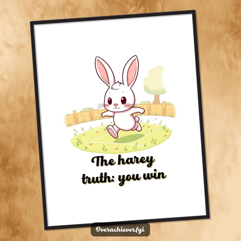 Funny Free Printable Wall Art: A determined rabbit character is shown completing an impossible number of laps around a field.