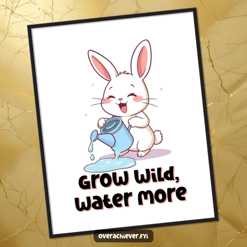Funny Free Printable Wall Art: Energetic rabbit character energetically watering a tiny, overflowing watering can with pure joy.