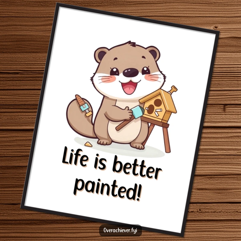 Funny Free Printable Wall Art of a cheerful otter with tools, enthusiastically painting a small, colorful birdhouse.