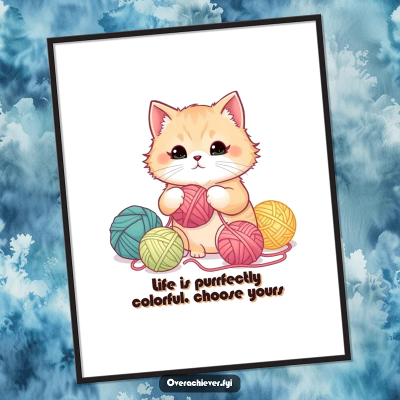 Funny Free Printable Wall Art: Fluffy cat meticulously organizing yarn balls by color gradient, creating a visually stunning and organized display.