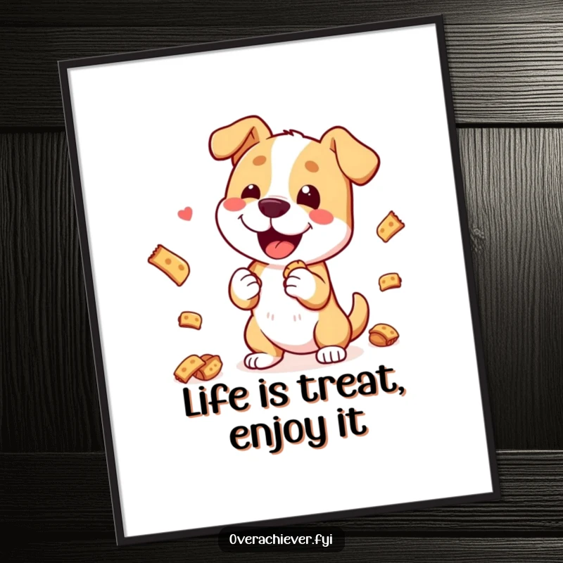 Funny Free Printable Wall Art: A happy dog performing a spectacular trick with multiple treats, full of energy.