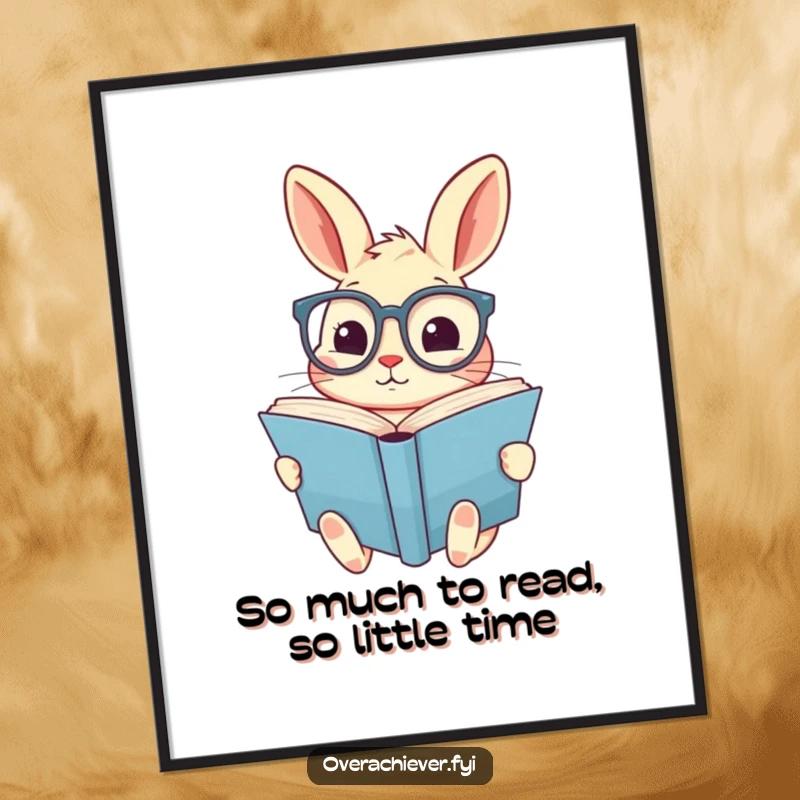 Funny Free Printable Wall Art of a cute rabbit in oversized spectacles, deeply engrossed in reading a colossal book.