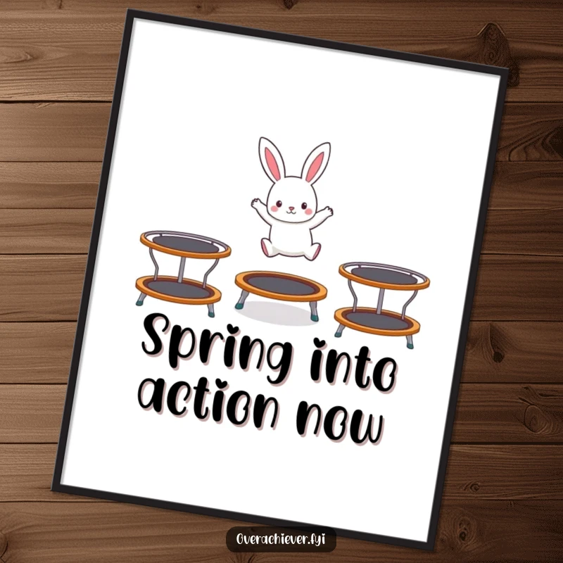 Funny Free Printable Wall Art: Tiny rabbit hilariously hopping on three trampolines at once, a whimsical and energetic scene.