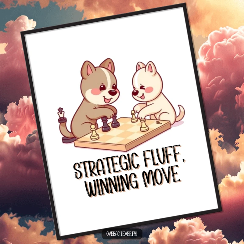 Funny Free Printable Wall Art: Kawaii dog intensely playing chess against itself, a humorous downloadable piece for any room.