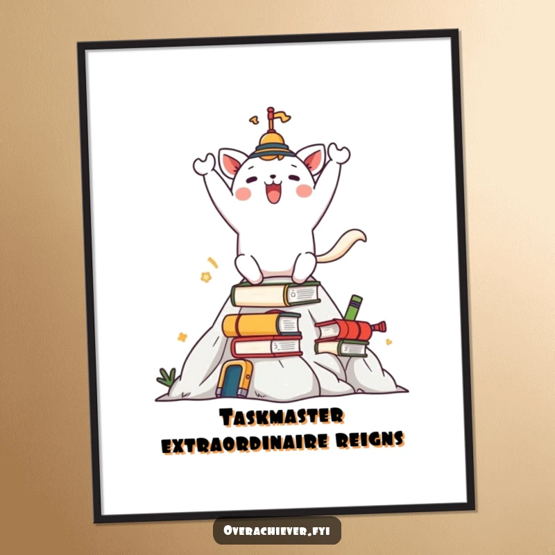 Funny Free Printable Wall Art: Happy animal character triumphantly celebrating on a mountain of tasks.