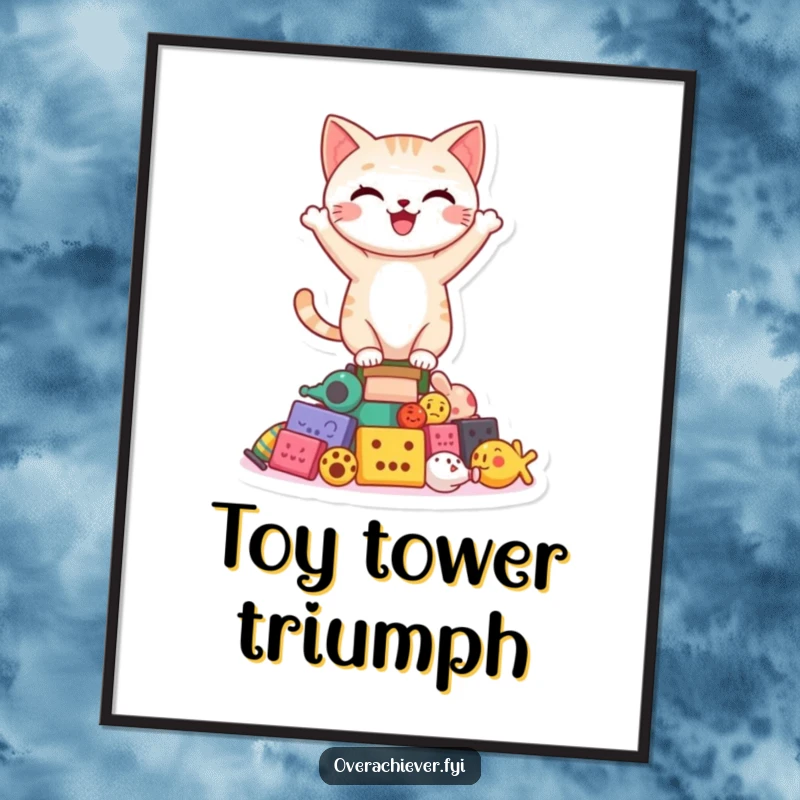 Funny Free Printable Wall Art: A happy cat character triumphantly balancing on a precarious, tiny pile of toys.