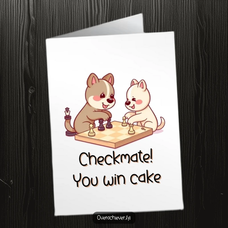 Funny Free Printable Birthday Card: Kawaii dog genius playing chess successfully against itself, a unique downloadable greeting.