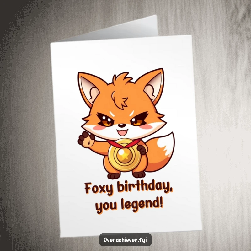 Funny Free Printable Birthday Card: Driven fox character with a determined grin, presenting a shiny, oversized medal of victory.