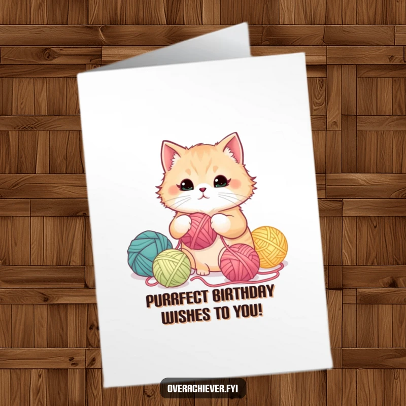 Funny Free Printable Birthday Card: Fluffy cat meticulously organizing yarn balls by color gradient with focused, calm demeanor.