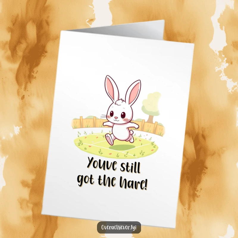 Funny Free Printable Birthday Card: Determined rabbit character completing endless laps around a field with focus.