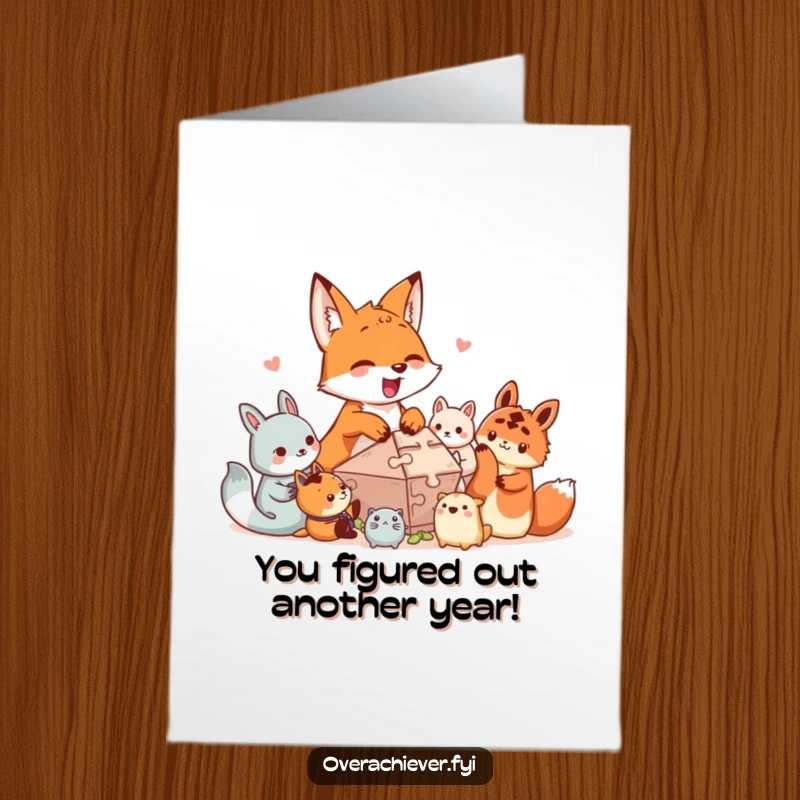 Funny Free Printable Birthday Card: An excited fox character helps smaller creatures solve a complex puzzle, celebrating brains.