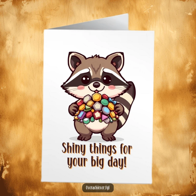 Funny Free Printable Birthday Card: Kawaii raccoon gleefully shows off its perfectly arranged pile of stolen shiny treasures.