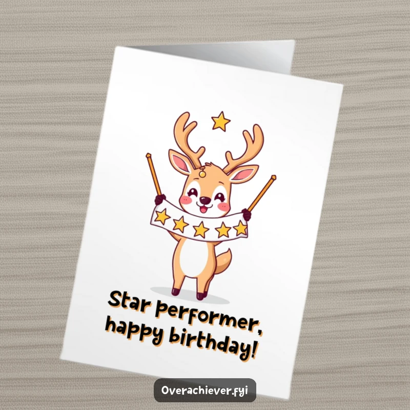 Funny Free Printable Birthday Card: A deer character triumphantly holds a banner covered in many shining stars for a birthday.