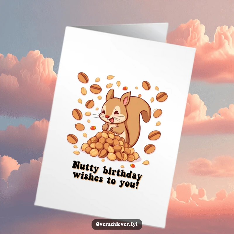Funny Free Printable Birthday Card: A hyperactive squirrel frantically tries to build a mountain of nuts.