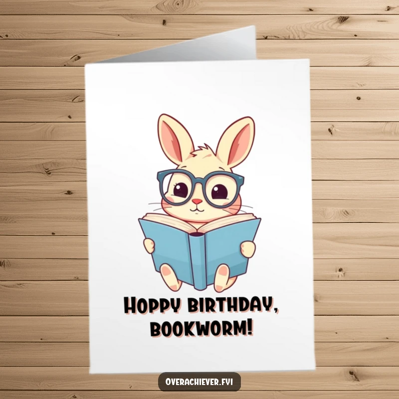 Funny Free Printable Birthday Card showcasing a cute rabbit wearing big glasses, engrossed in reading a massive book.