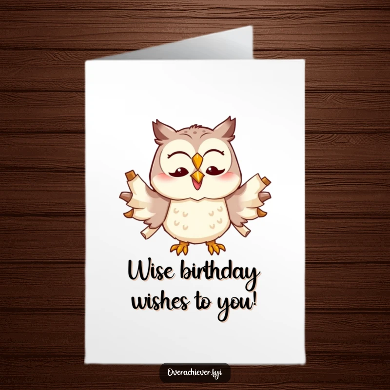 Funny Free Printable Birthday Card: Cheerful owl trying to multitask with too many scrolls unfurled, celebrating birthday.