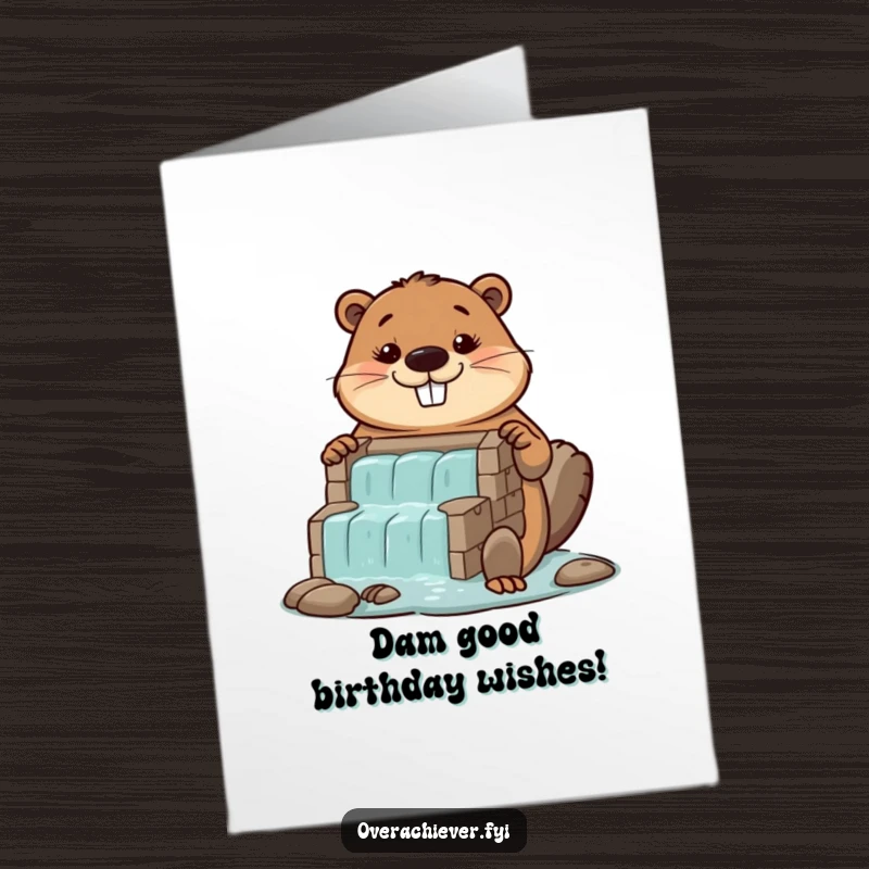 Funny Free Printable Birthday Card: Diligent beaver character proudly displaying a colossal, perfectly built miniature dam with a proud smile.