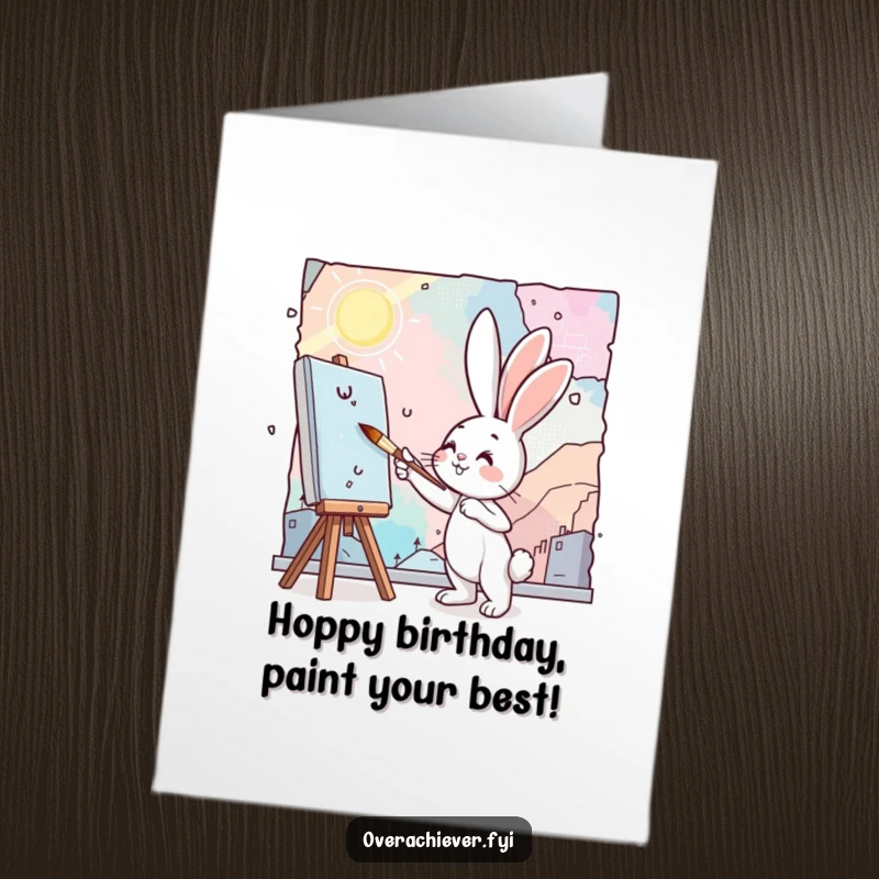 Funny Free Printable Bunny Artist Birthday Card: A happy bunny paints a huge mural with a teeny tiny brush, full of enthusiasm.