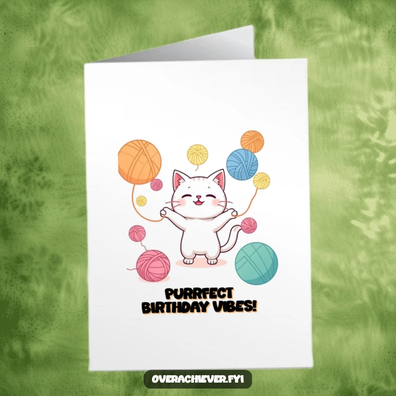 Funny Free Printable Birthday Card: Cute Kawaii cat struggling hilariously to juggle an overwhelming amount of colorful yarn balls.