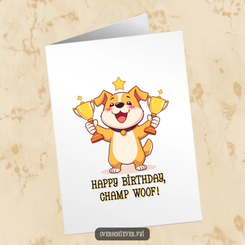 Funny Free Printable Dog Juggler Birthday Card: A happy dog gleefully juggles three shiny trophies, celebrating a birthday win.