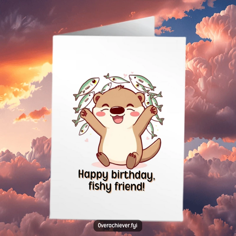 Funny Free Printable Birthday Card featuring a grinning otter playfully juggling an absurd quantity of slippery fish.