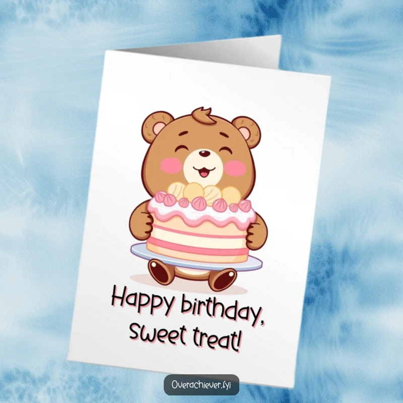 Funny Free Printable Bear Birthday Card: A beaming bear proudly presents a huge, perfect cake for a happy birthday celebration.