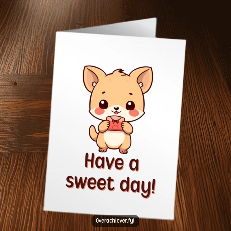 Funny Free Printable Birthday Card: A tiny animal character happily presenting a perfectly made small object as a birthday gift.