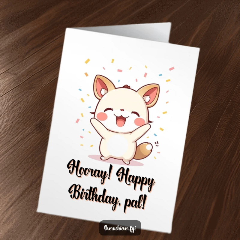 Funny Free Printable Birthday Card: Small animal character cheering joyfully under raining confetti.