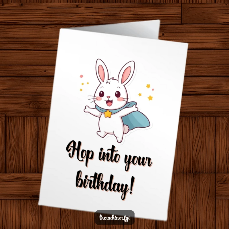 Funny Free Printable Birthday Card: Happy rabbit wearing cape attempting to fly with willpower, celebrating birthday.