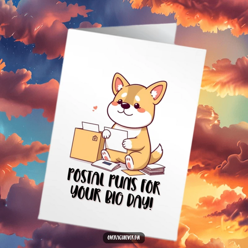 Funny Free Printable Birthday Card: A bouncy dog wearing glasses sorts mail with intense focus, perfect for a dog lover's special day.