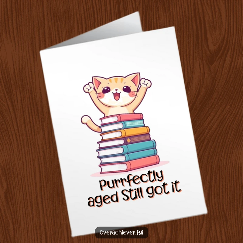 Funny Free Printable Birthday Card: Determined cat striking a triumphant pose atop a huge stack of books, celebrating knowledge.