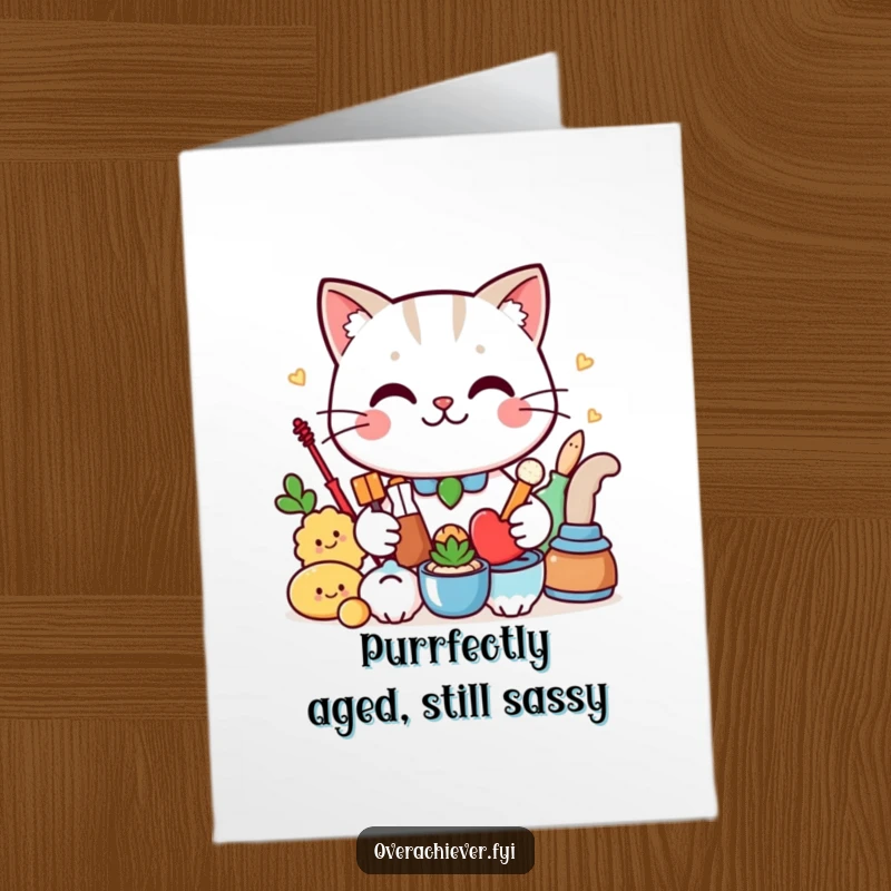 Funny Free Printable Birthday Card: Smug cat proudly displays its perfectly arranged items, a humorous gift idea.