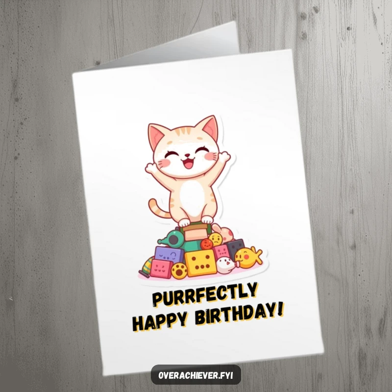 Funny Free Printable Birthday Card: Happy cat character precariously balancing atop a small, unsteady stack of toys.