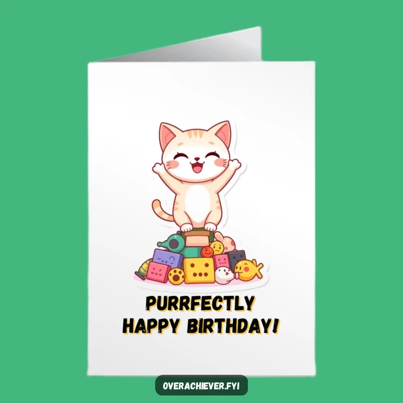Free Printable Birthday Card: Cat Balances Toys for Your Special Day!