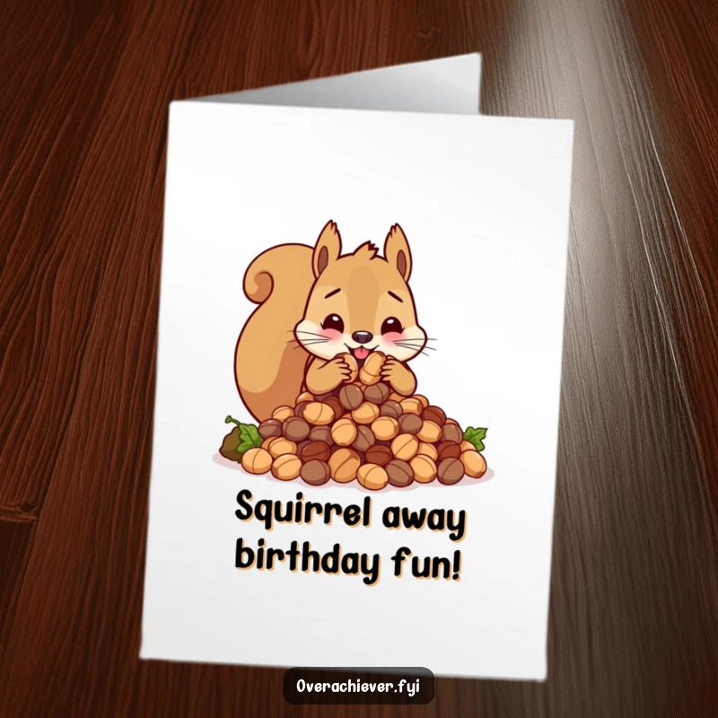 Funny Free Printable Birthday Card: Cute squirrel frantically stuffing an impossibly large amount of nuts, celebrating birthday.