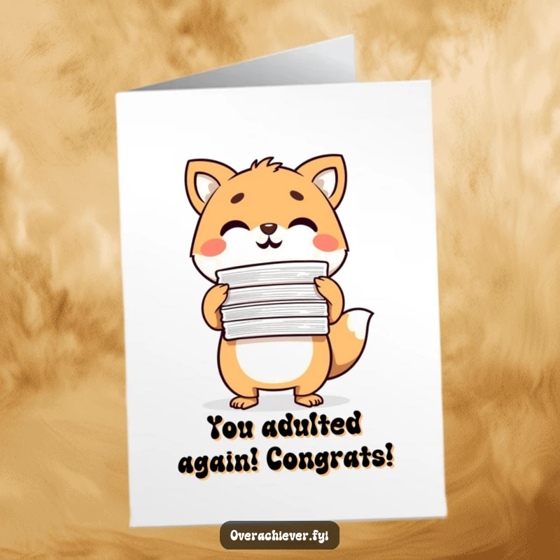 Funny Free Printable Birthday Card: A determined animal character triumphantly holds a huge stack of completed papers, celebrating productivity.
