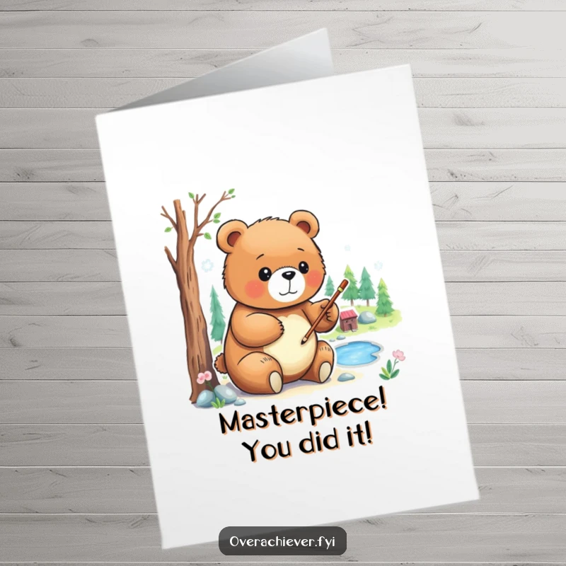 Funny Free Printable Congratulations Card: A focused bear carefully painting a tiny, intricate landscape, showing dedication to detail.