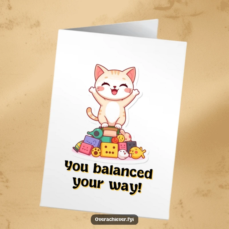 Funny Free Printable Congratulations Card: A happy cat balancing skillfully on a teetering pile of toys.