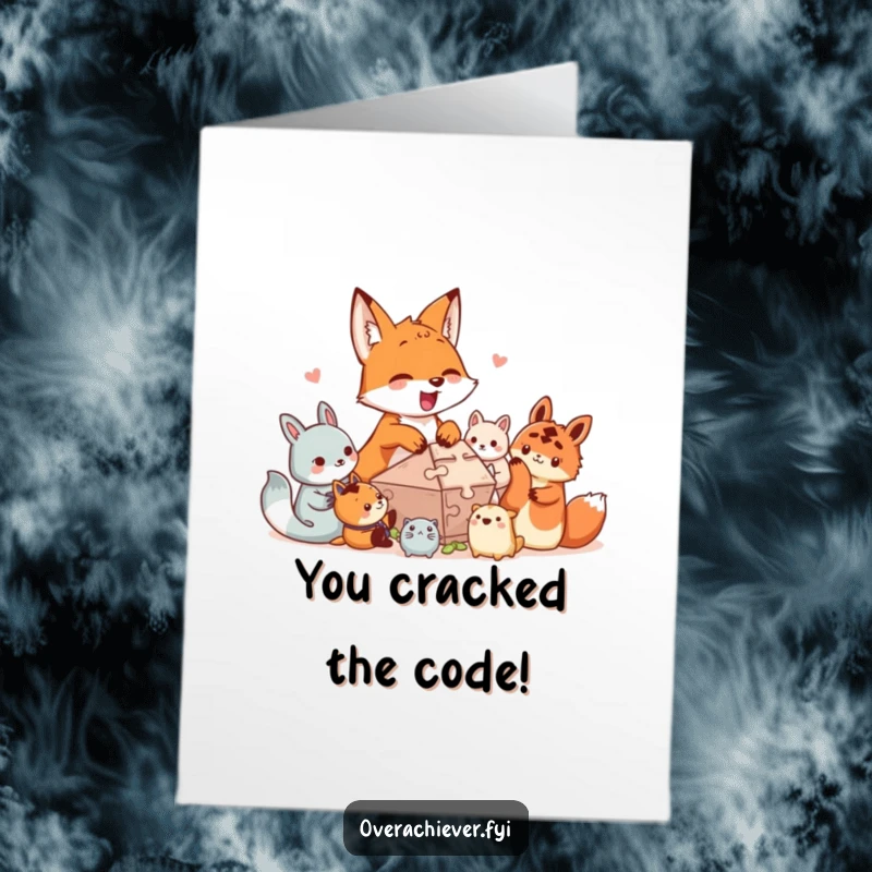 Funny Free Printable Congratulations Card: An excited fox character assists smaller creatures with a complex puzzle, celebrating success.