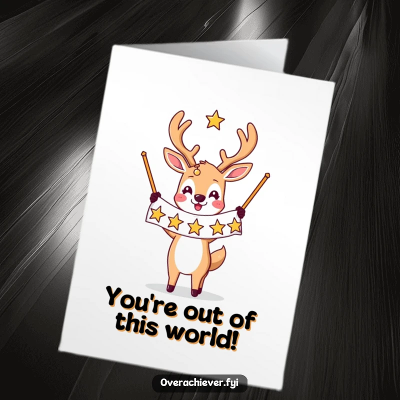 Funny Free Printable Congratulations Card: A deer character triumphantly holds a banner displaying many stars, celebrating a big win.