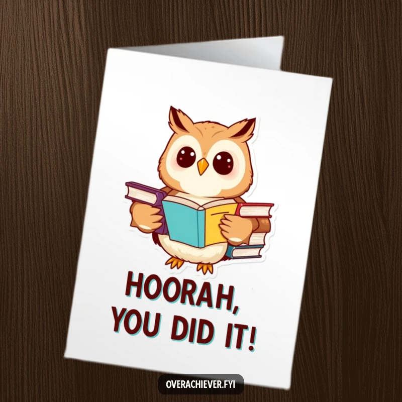 Funny Free Printable Congratulations Card: Cheerful owl character studying multiple advanced textbooks, celebrating intelligence.