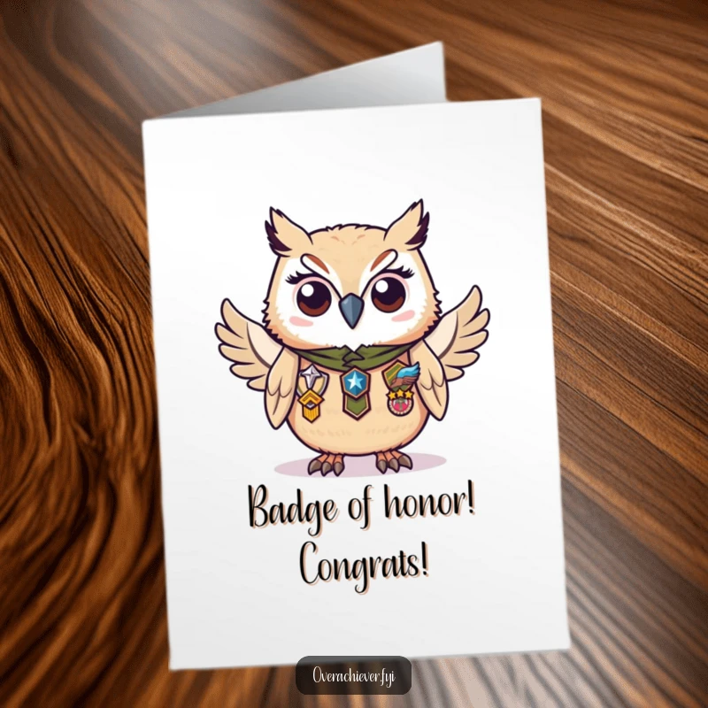 Funny Free Printable Congratulations Card: A diligent owl beams with pride, adorned in many badges signifying impressive achievements.