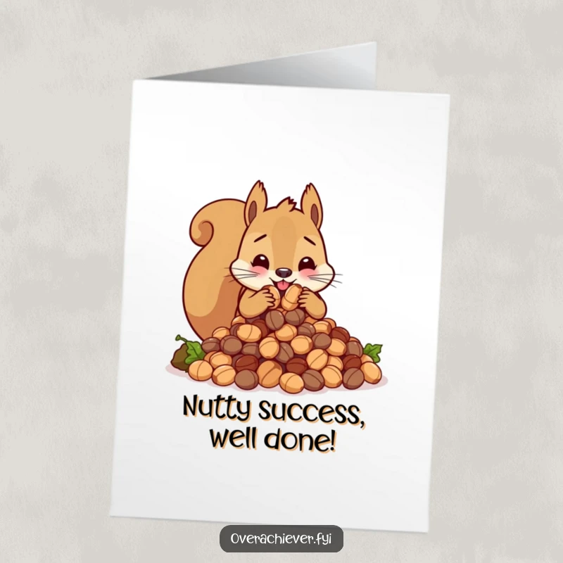 Funny Free Printable Congrats Card: Cute squirrel frantically stuffing an impossibly large amount of nuts, celebrating achievement.